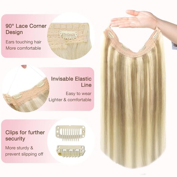 Wire Hair Extensions Human Hair, 16/22 Light Blondewith mix Golden Blonde Highli - Picture 3 of 8